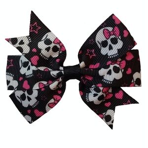 Black Skull Bow Hair Clip with Pink Accents